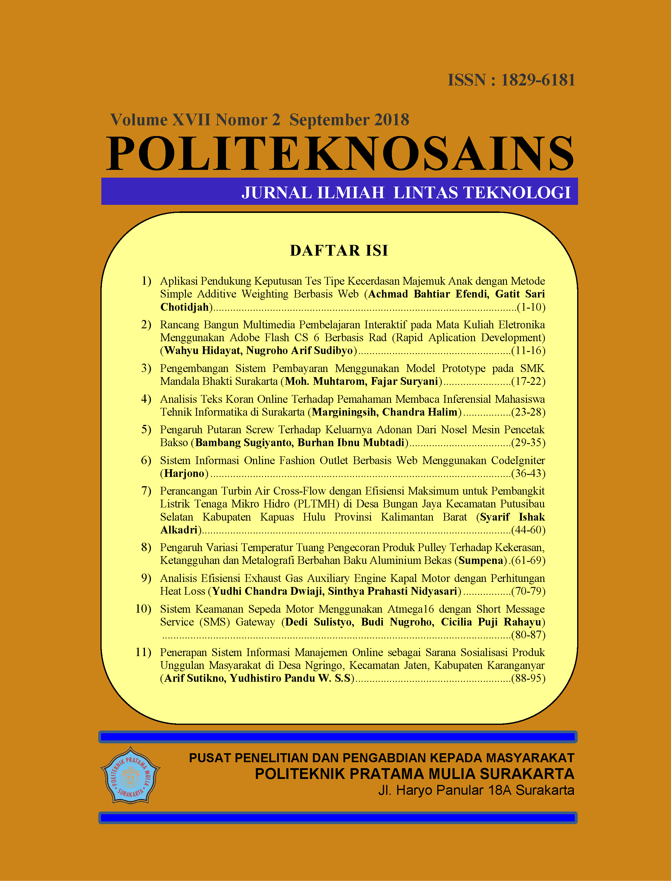 					Lihat Vol 17 No 2 (2018): Jurnal Politeknosains Volume 17 Nomor 2 - September  2018
				