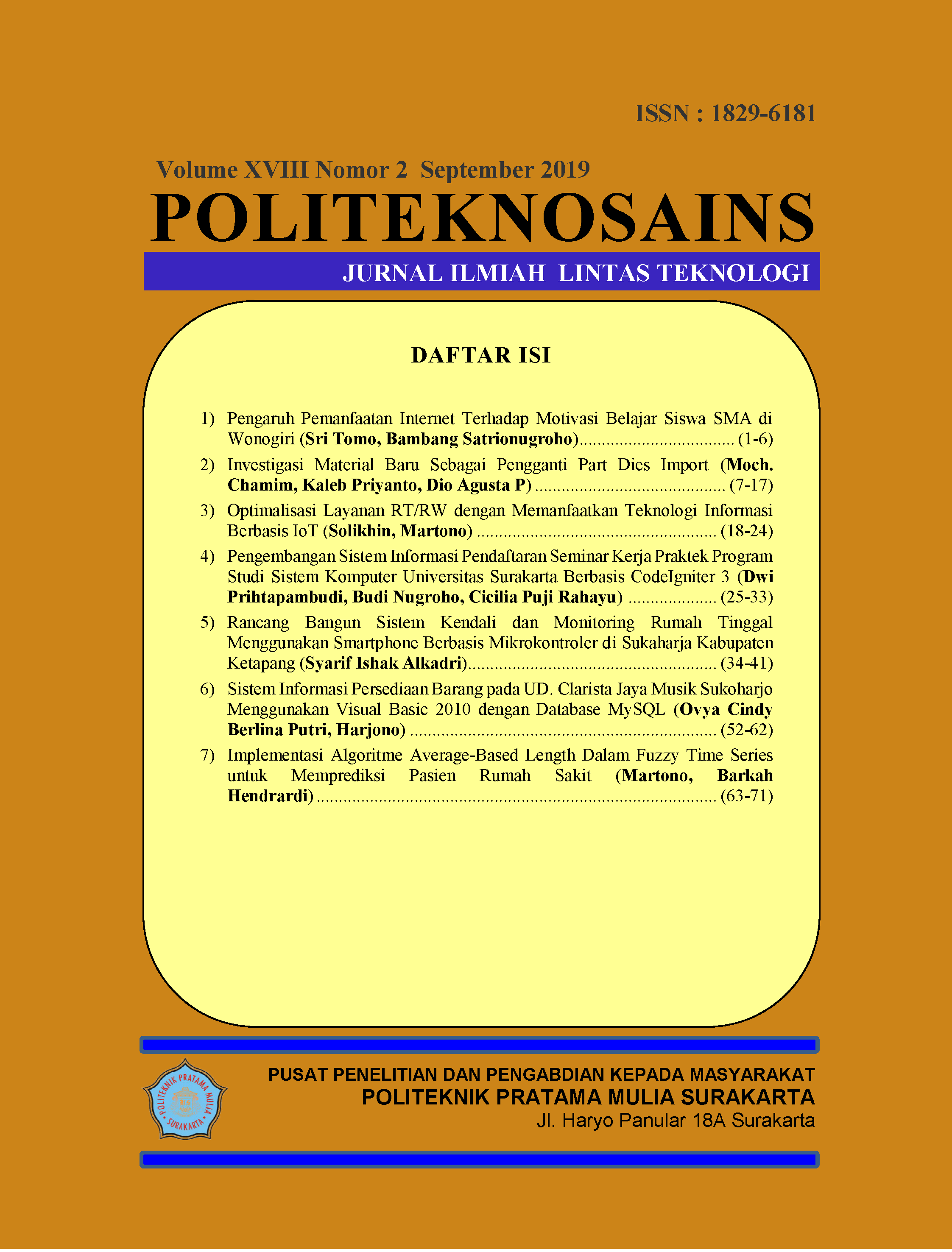 					Lihat Vol 18 No 2 (2019): Jurnal Politeknosains Volume 18 Nomor 2 - September  2019
				