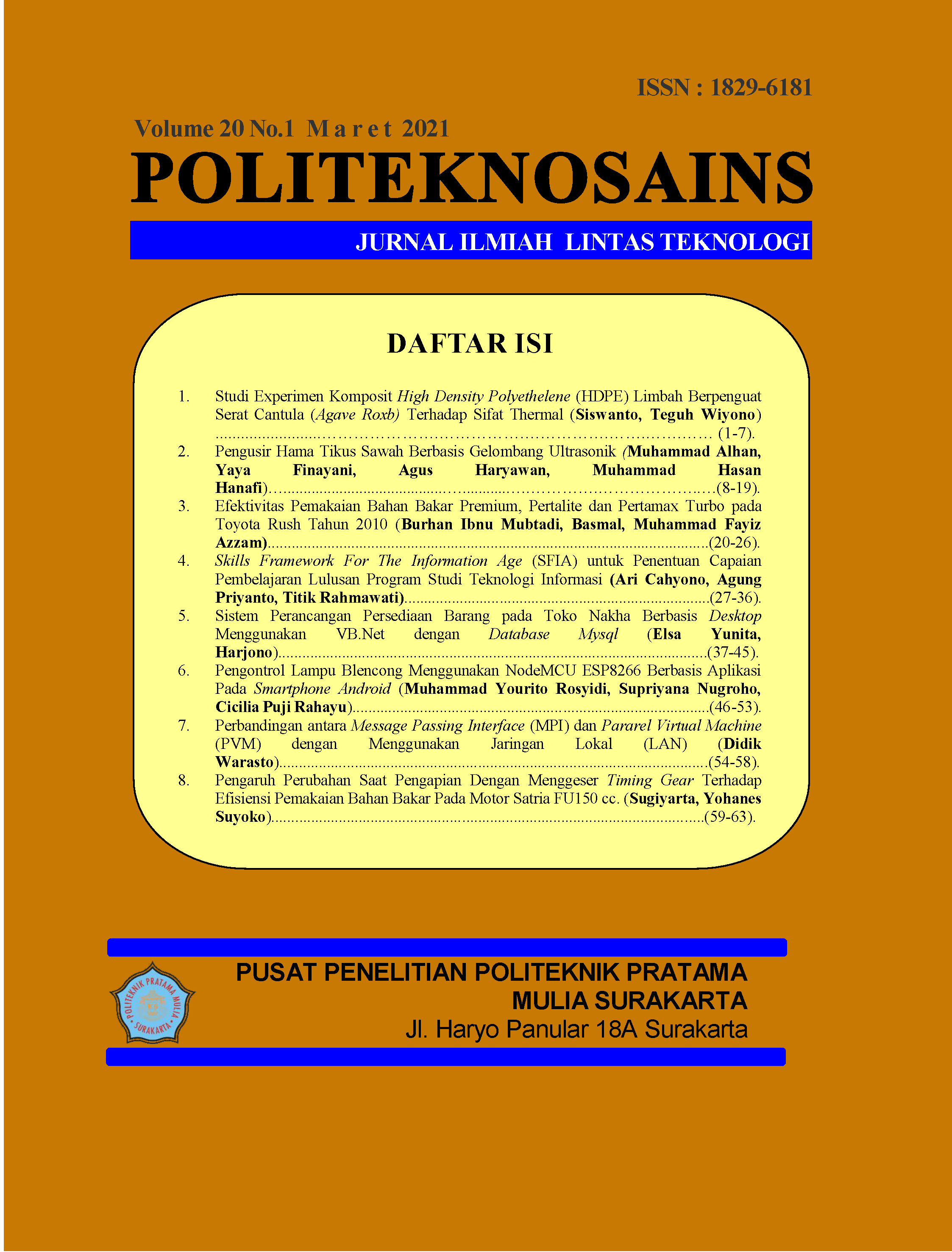 					Lihat Vol 20 No 1 (2021): Jurnal Politeknosains Volume 20 Nomor 1 - Maret 2021
				