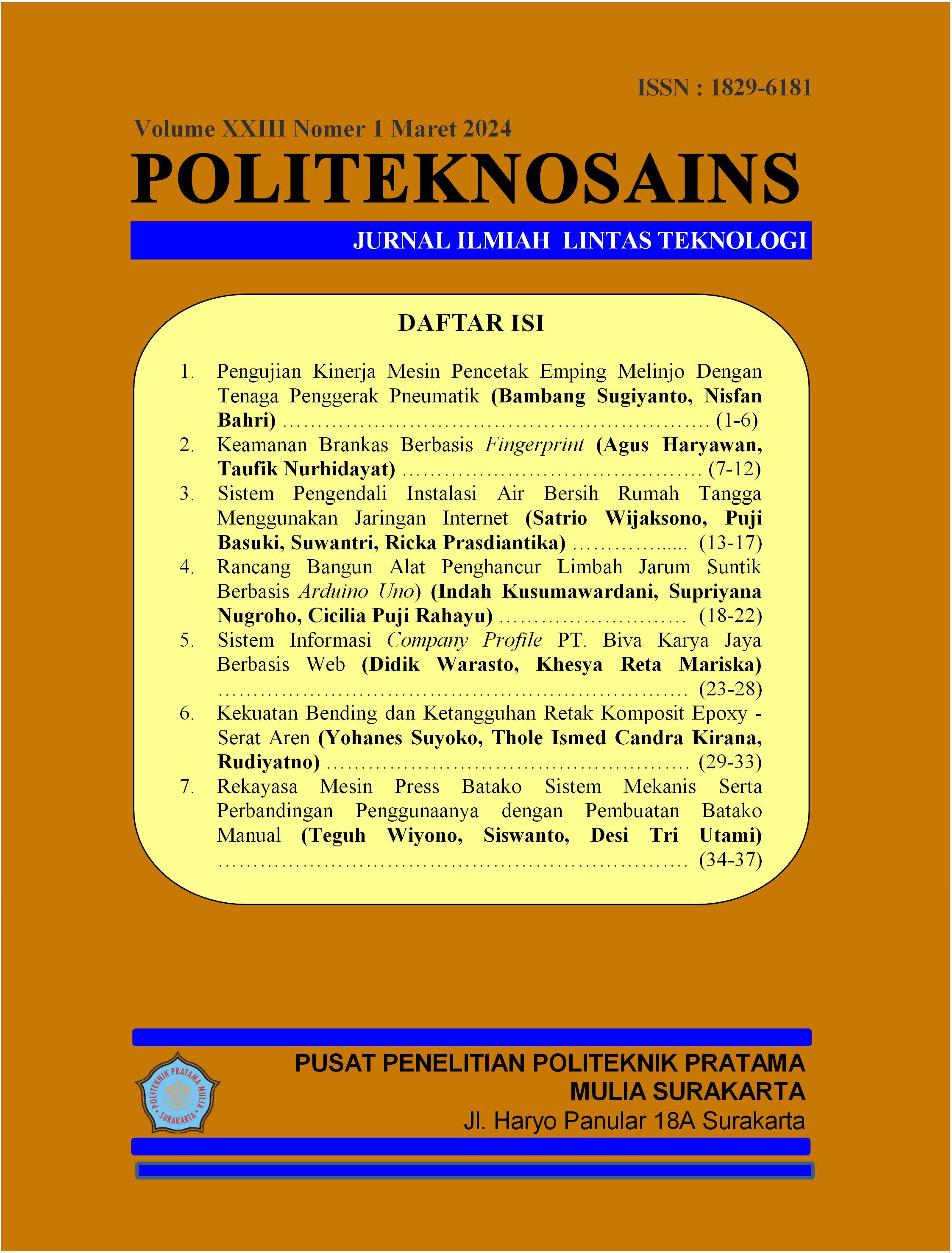 					Lihat Vol 23 No 1 (2024): Jurnal Politeknosains Volume 23 Nomor 1 - Maret 2024
				